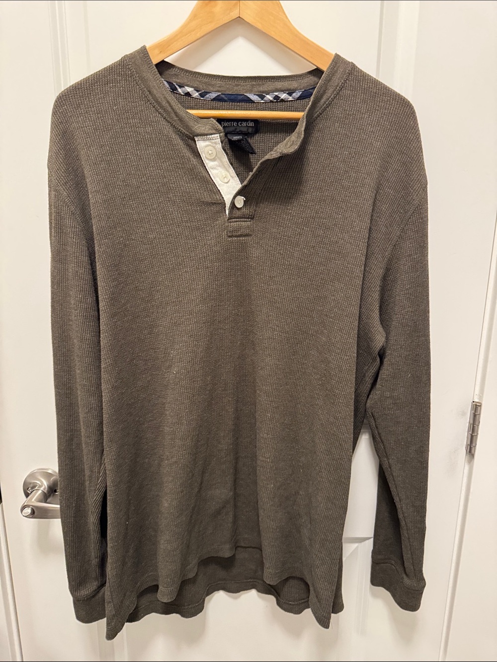 2/$30 Pierre Cardin Olive Long-Sleeve Henley Waffle Outdoor Casual Shirt
